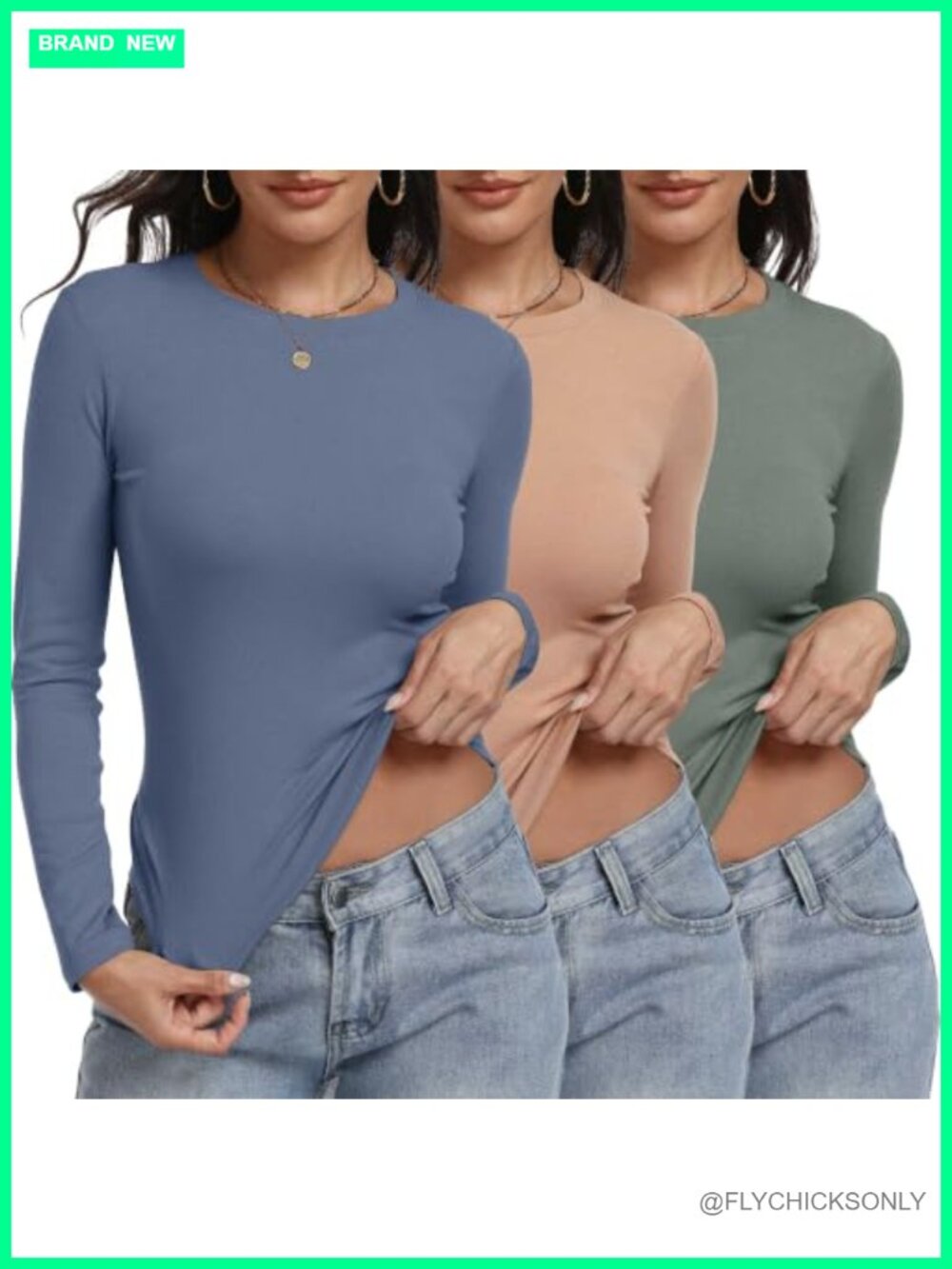 Women's Long Sleeve Fitted Crew Neck Basic Tee Set of 3